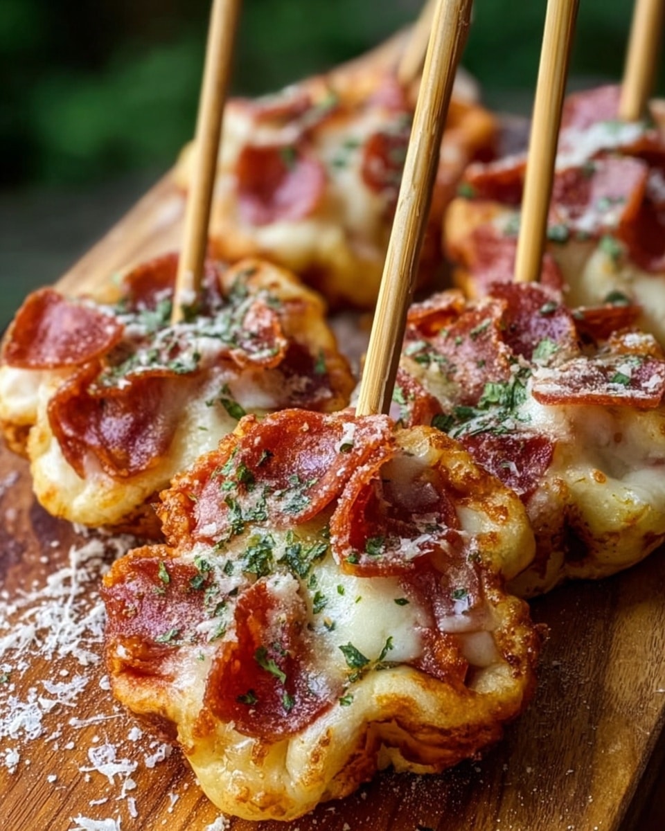 The image shows several small pizza bites on sticks arranged on a wooden board, each with three layers of ingredients forming flower-like shapes. The base layer is light golden brown dough, puffy and slightly crispy around edges. The middle layer is melted cheese, creamy white and smooth, covering the dough and bubbling slightly. The top layer features thin, curved slices of reddish-brown pepperoni scattered on top with a light sprinkling of green herbs and fine grated cheese, adding texture and color contrast. The board beneath has light flecks of grated cheese, and the background has a soft-focused green color. photo taken with an iphone --ar 4:5 --v 7