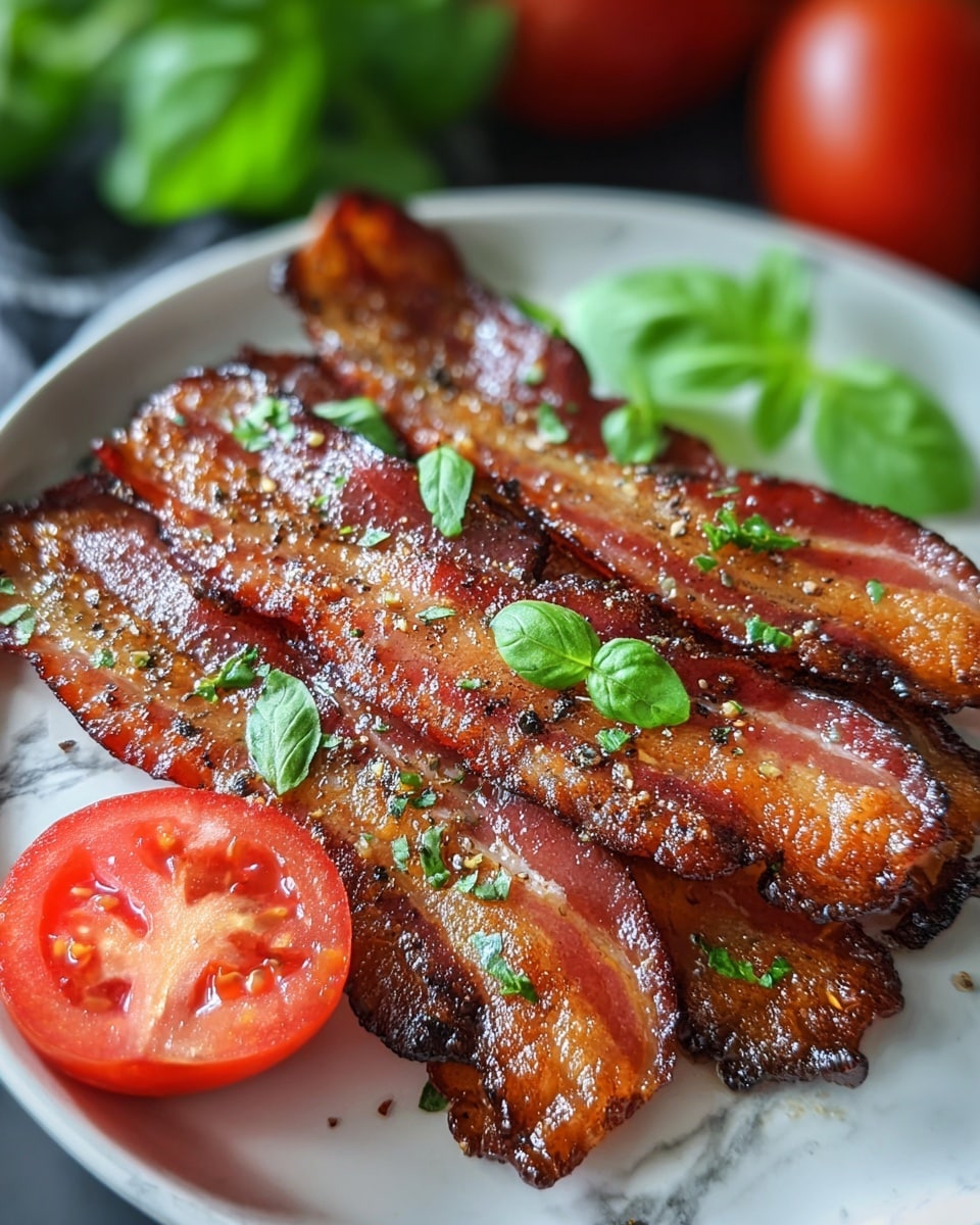 The image shows a close-up of five crispy bacon strips stacked slightly overlapping on a white plate, each strip with a mix of dark brown crispy edges and pinkish-red fatty parts. The bacon is shiny with oil glistening on the surface and sprinkled with small green herb pieces and ground black pepper. Bright green small basil leaves are placed on top and around the bacon. In the front left corner, there is a halved red tomato with a juicy texture and visible seeds. The plate sits on a white marbled surface with some blurred green basil leaves and a red tomato in the background. photo taken with an iphone --ar 4:5 --v 7