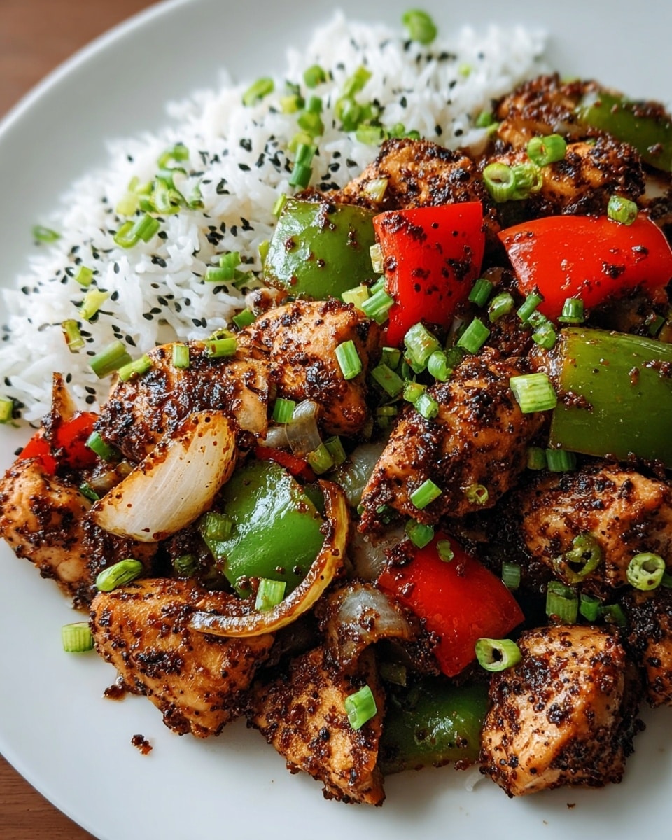 A close-up view of a white plate filled with pieces of cooked chicken coated in dark spices and small black seeds, mixed with bright green and red bell pepper chunks and translucent cooked onion slices. The dish is garnished with finely chopped green onions scattered evenly on top. On one side of the plate, there is a serving of white rice sprinkled with black seeds and green onion pieces. The plate is placed on a white marbled surface. photo taken with an iphone --ar 4:5 --v 7