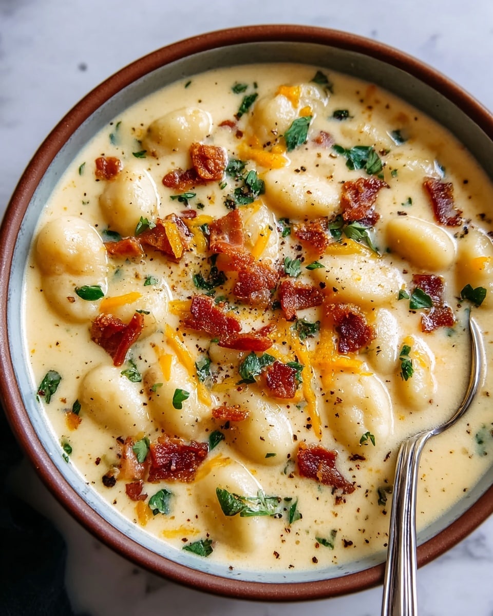 A bowl filled with creamy soup showing many soft white gnocchi pieces floating in a rich light yellow broth. On top, there are small crispy brown bacon bits scattered unevenly, thin orange shreds of cheese, and a few green parsley leaves adding color contrast. Tiny black pepper specks are sprinkled over all the layers. The soup is in a round bowl with a brown rim, placed on a white marbled surface. A silver spoon rests inside the bowl on the right side. Photo taken with an iphone --ar 4:5 --v 7