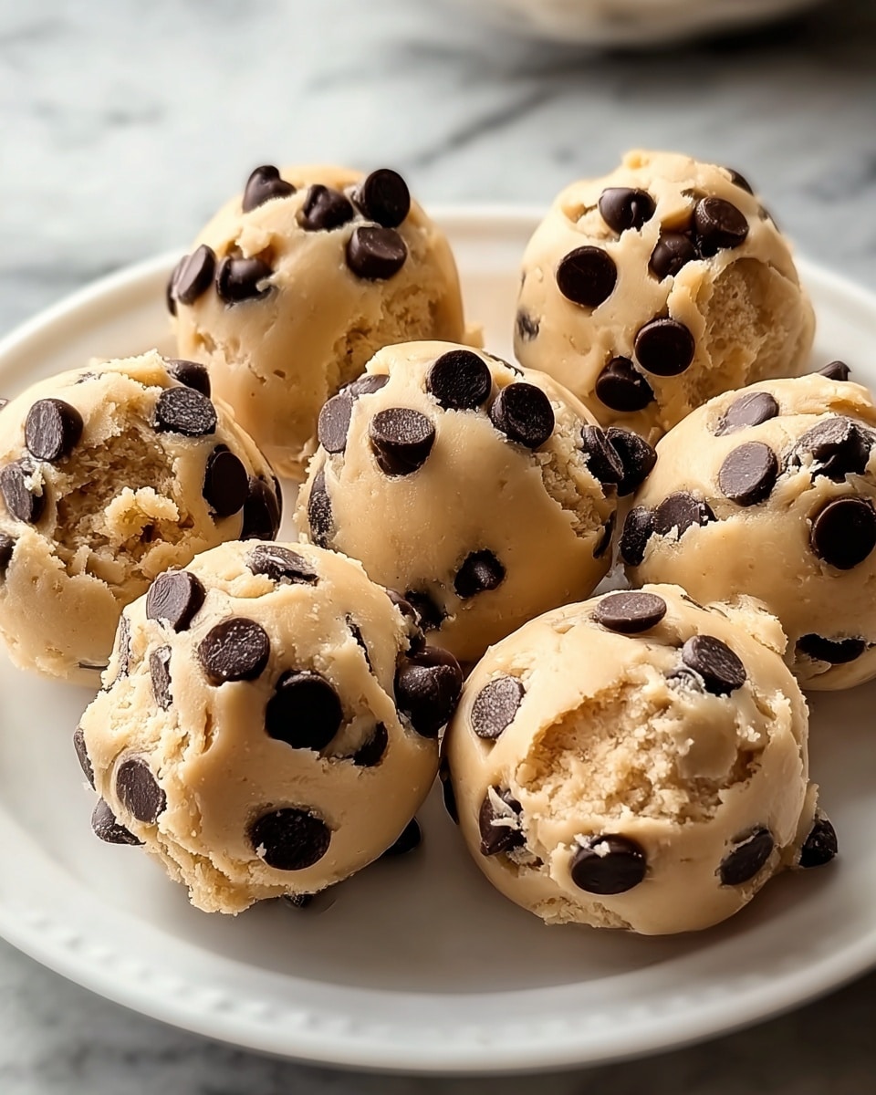 A white plate holds eight small round balls made of creamy beige dough with smooth texture and thick consistency, each studded generously with dark chocolate chips that are unevenly spaced and partially embedded in the dough, giving a slightly rough surface. The balls appear freshly made and are placed closely together on the plate, which sits on a white marbled surface. The image focuses tightly on the treat, showing details of the soft dough texture and glossy chocolate chips. photo taken with an iphone --ar 4:5 --v 7
