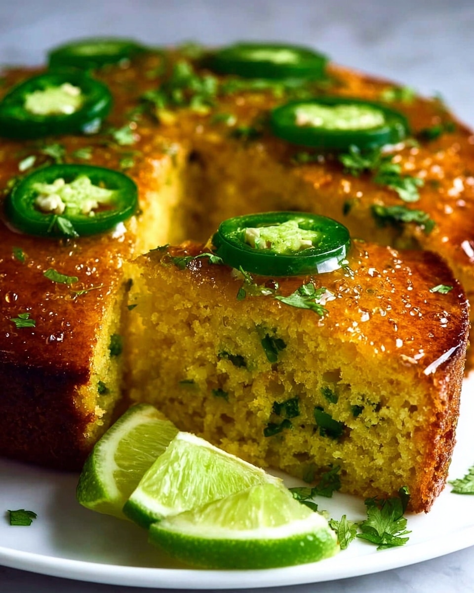 A close-up of a thick, golden cornbread cut into a wedge, showing a moist and crumbly texture inside with visible green herbs mixed throughout. The top layer is shiny and slightly glazed, decorated with thin green jalapeño slices and scattered fresh cilantro leaves. Two bright green lime wedges sit beside the cornbread on a white plate. The background has a white marbled texture. Photo taken with an iphone --ar 4:5 --v 7