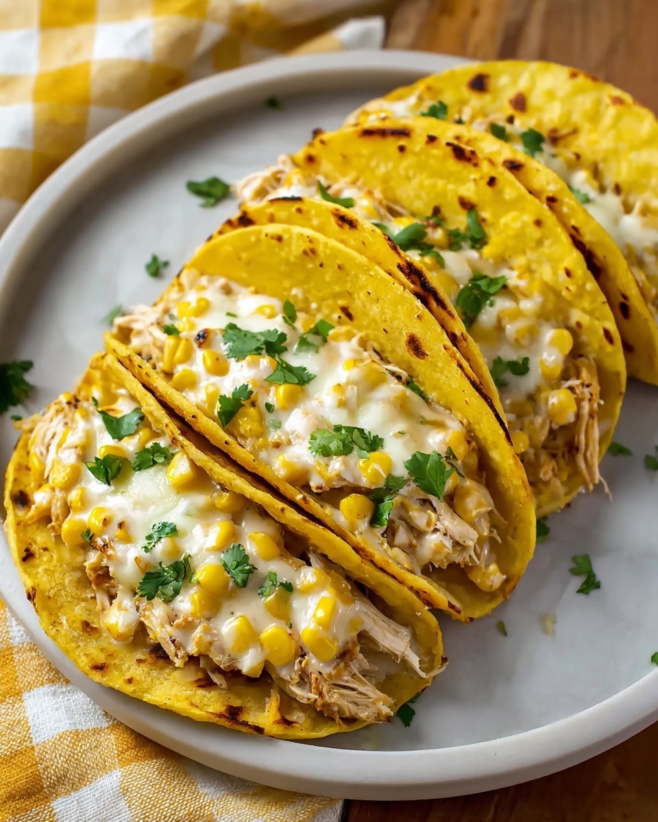 A close-up image shows four corn tortillas arranged in a row on a white plate. Each tortilla is golden yellow with light brown grill marks and filled with shredded chicken mixed with creamy melted white cheese and yellow corn kernels. The filling is topped with small green cilantro leaves scattered across the surface. The plate sits on a white marbled surface with a folded yellow and white checkered cloth underneath. The overall look is warm, fresh, and inviting. photo taken with an iphone --ar 4:5 --v 7