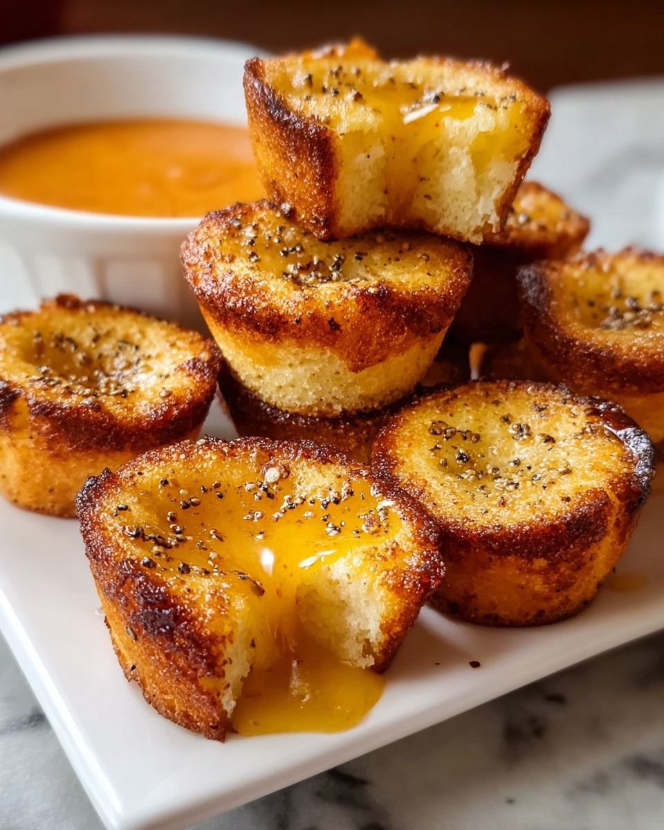The image shows several small round cakes with golden-brown crusts piled on a white square plate. Each cake has two layers: a light, fluffy inside with a slightly crispy, dark brown outer edge. The top layer of each cake has a shiny yellow glaze with small black pepper flakes sprinkled on it. One of the cakes is broken open, revealing a soft, gooey center with melted cheese inside. In the background, there is a white bowl filled with orange dipping sauce, placed on a white marbled surface. The overall look is warm and appetizing, with a focus on the texture and color contrast between the crispy crust and smooth filling. photo taken with an iphone --ar 4:5 --v 7