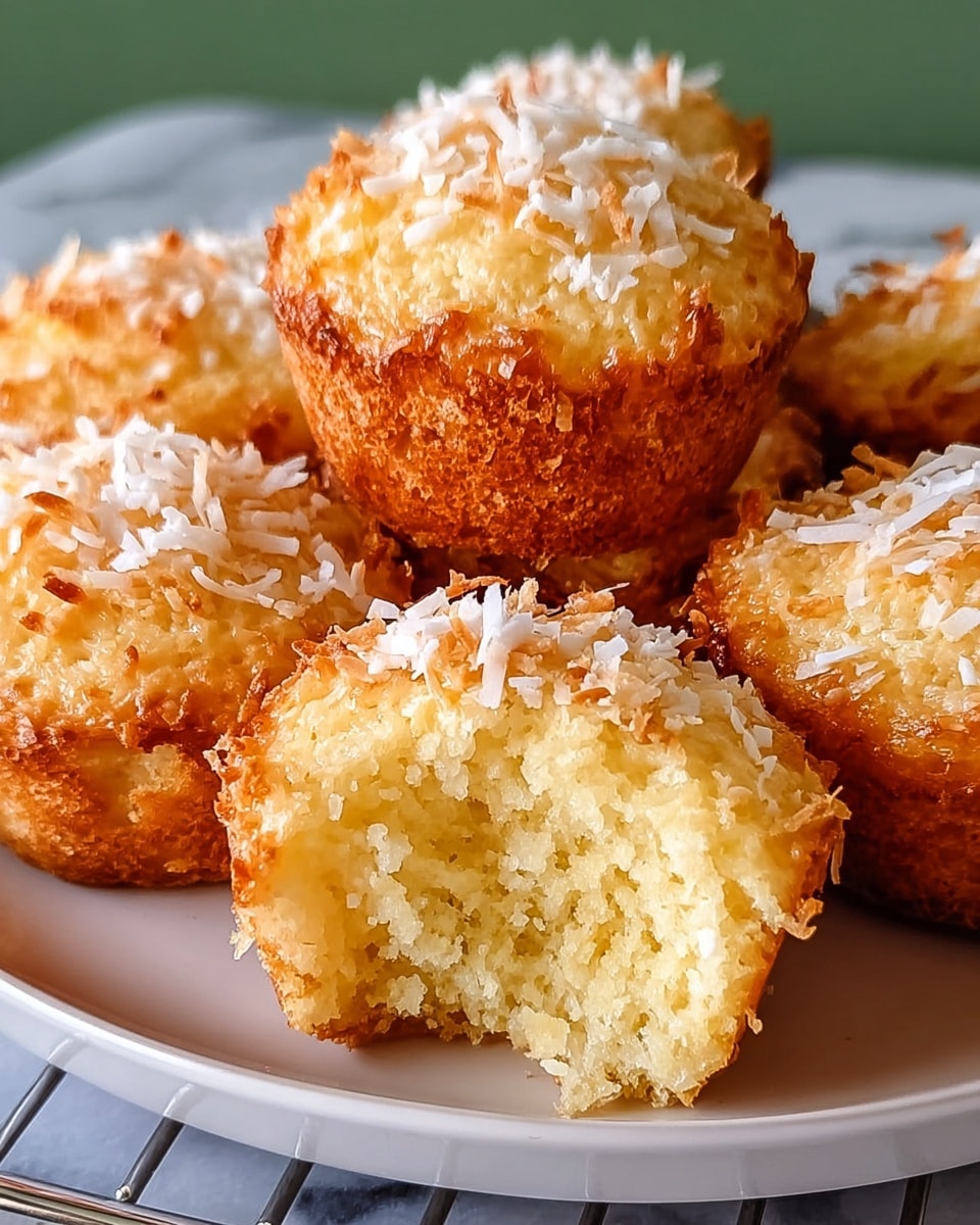A group of golden brown coconut muffins with a slightly rough texture sit closely together on a white plate. The muffins have a crispy top layer sprinkled generously with white shredded coconut flakes, adding texture and contrast to the warm, golden surface. One muffin is broken open in the front, revealing a soft, moist, and fluffy light yellow inside with a fine crumb structure. The plate rests on a metal cooling rack against a soft green background, all placed on a white marbled surface. Photo taken with an iphone --ar 4:5 --v 7
