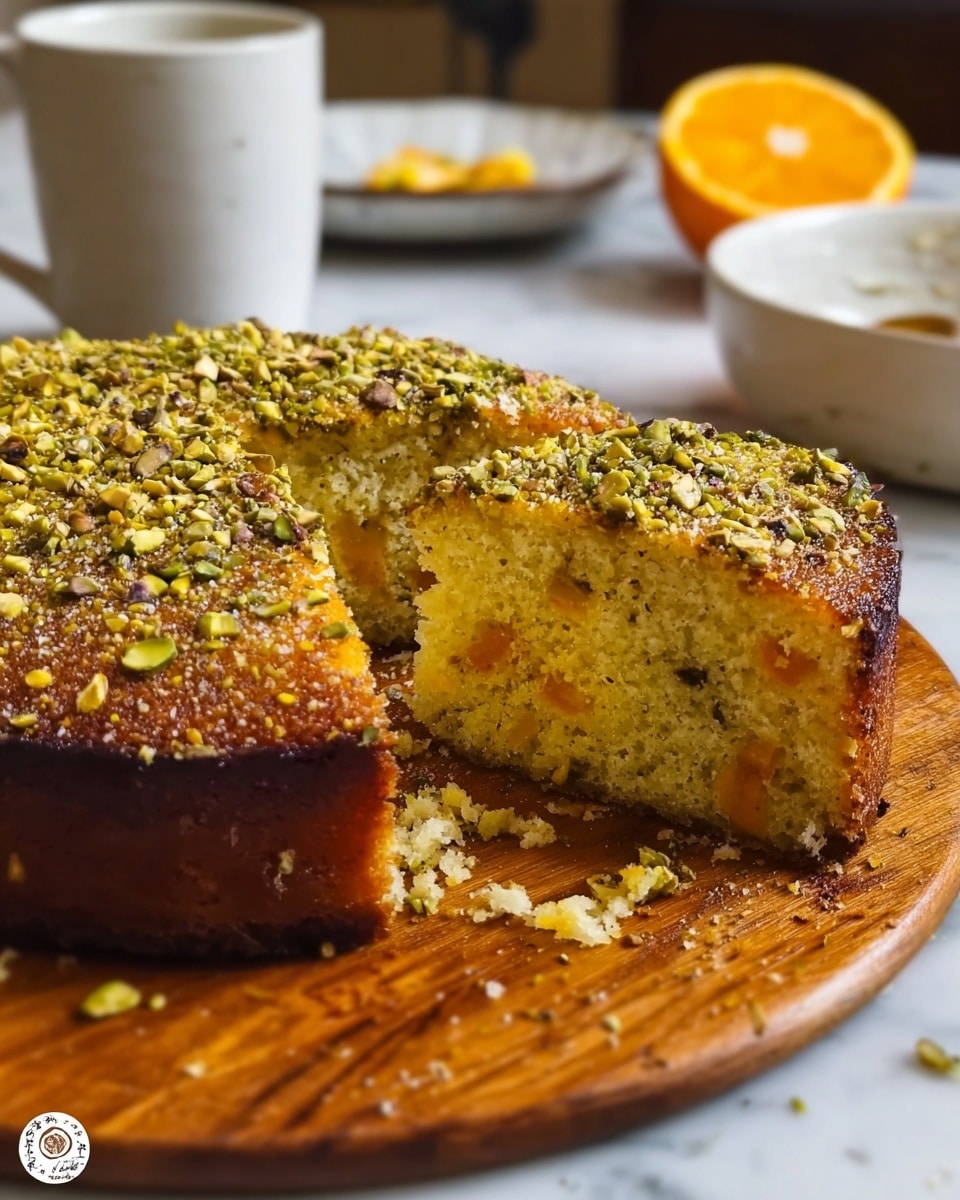 A round cake with one thick layer sits on a wooden board, featuring a golden brown crust covered with crushed green pistachio nuts on top. The inside reveals a moist, yellow crumb texture with small bits of orange scattered throughout. A slice is cut out from the cake, showing a clean, slightly crumbly edge. The background includes a blurred white mug, a white bowl, and a white plate with a halved orange on it, all resting on a white marbled surface. Photo taken with an iphone --ar 4:5 --v 7