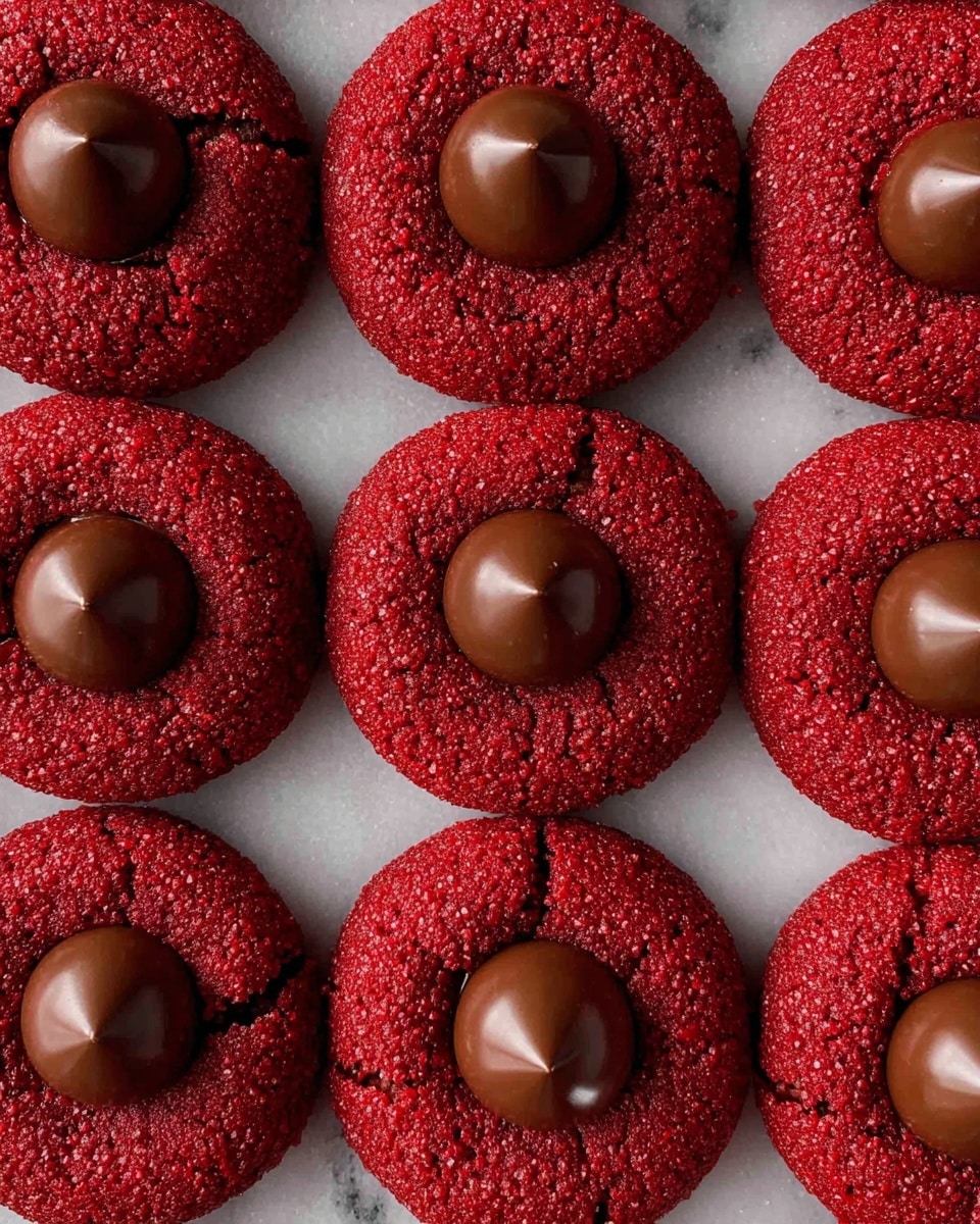 The image shows multiple round red velvet cookies arranged closely together on a white marbled surface. Each cookie has two layers: the bottom layer is a vibrant red velvet cookie with a slightly rough and crumbly texture, visible cracks, and a granular look. The top layer is a single, smooth, dome-shaped milk chocolate piece placed in the center of each red cookie, adding a rich brown contrast. The cookies create a grid-like pattern filling the entire frame. photo taken with an iphone --ar 4:5 --v 7