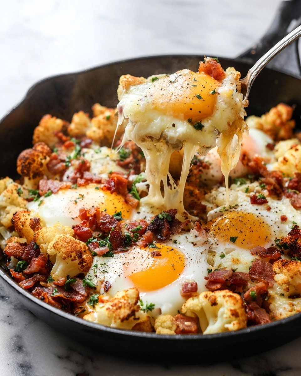 A black skillet filled with a warm dish showing three layers: the bottom layer has browned cauliflower florets with a light rough texture, the middle layer contains melted cheese stretching as a spoon lifts a piece, and the top layer consists of soft cooked eggs with slightly runny yolks speckled with black pepper and scattered small pieces of cooked bacon and chopped green herbs, all sitting on a white marbled surface. photo taken with an iphone --ar 4:5 --v 7
