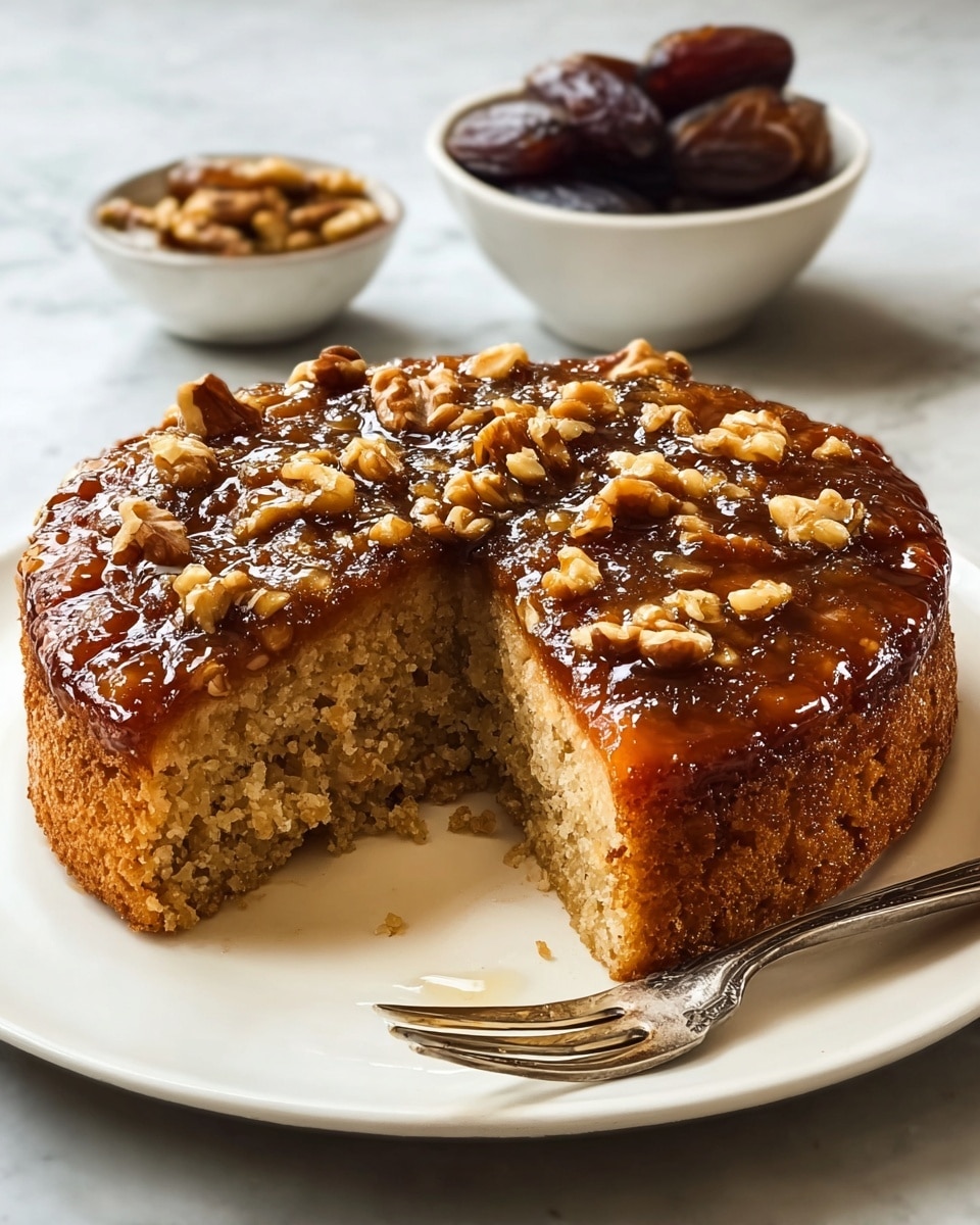 A single-layer round cake with a golden brown crumb texture sits on a white plate. The top layer is covered with a shiny, sticky glaze that looks caramelized, dotted with whole and chopped walnuts. The cake has a moist, dense inside, with a slice removed showing the soft crumb. A silver cake server and fork rest next to the cake on the plate. In the background, there is a small white bowl filled with dark brown dates, placed on a white marbled surface. photo taken with an iphone --ar 4:5 --v 7