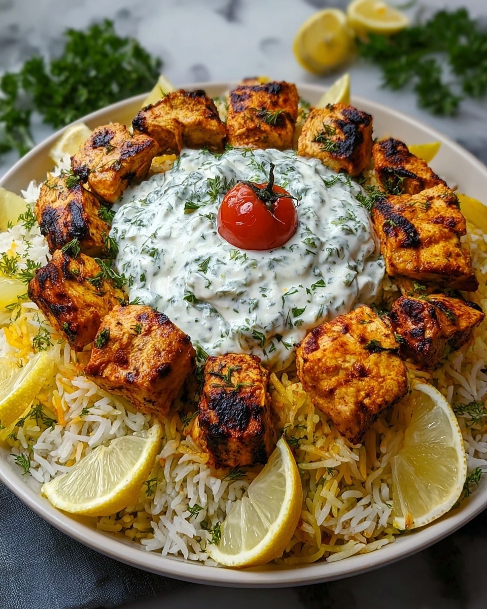 A white plate holds a colorful dish with three main layers; the bottom layer is a bed of long-grain rice mixed with white and yellow grains, giving a fluffy, slightly separated texture. On top of the rice, there is a ring of grilled chicken pieces that are golden brown with a slightly charred surface and some green herbs sprinkled over them. In the center of the plate, there is a mound of creamy white sauce with green herbs mixed in, topped with a small roasted cherry tomato slice. Around the edge of the plate, alternating lemon and lime wedges add fresh yellow and pale green pops of color. The plate is on a white marbled surface with some green parsley in the background. photo taken with an iphone --ar 4:5 --v 7