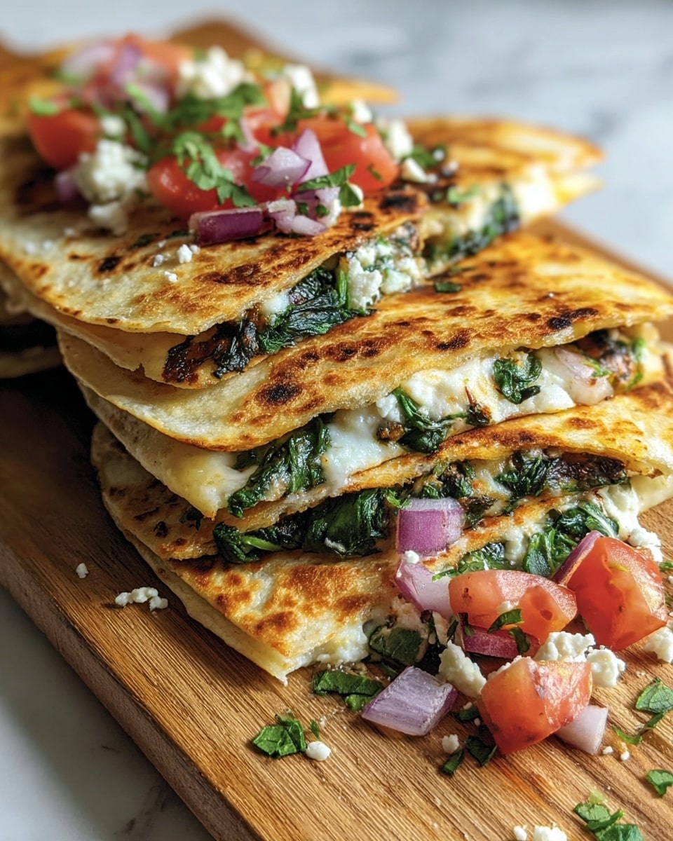 The image shows four folded quesadilla pieces stacked on a wooden board, each quesadilla made with golden-browned tortillas that have slight crisp textures from toasting. Inside, there are at least two layers, with melted white cheese and dark green spinach leaves visible. On top of the quesadillas, scattered small pieces of bright red tomato, finely chopped purple onion, and fresh green herbs add color and freshness. Small crumbles of white cheese are also sprinkled across the quesadilla surfaces and around the board. The background is a white marbled texture. photo taken with an iphone --ar 4:5 --v 7