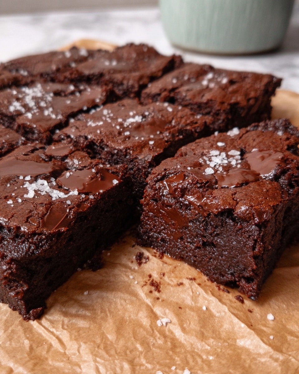 A close-up of dark brown brownies cut into square pieces, showing a thick and dense texture with a cracked, slightly shiny surface. Each brownie piece has melted chocolate patches on top, adding gooey shine, and is sprinkled lightly with coarse white sea salt. One piece is pulled slightly away from the main batch, revealing a moist and rich inner layer. The brownies rest on beige parchment paper over a white marbled surface, with a blurred neutral background. photo taken with an iphone --ar 4:5 --v 7