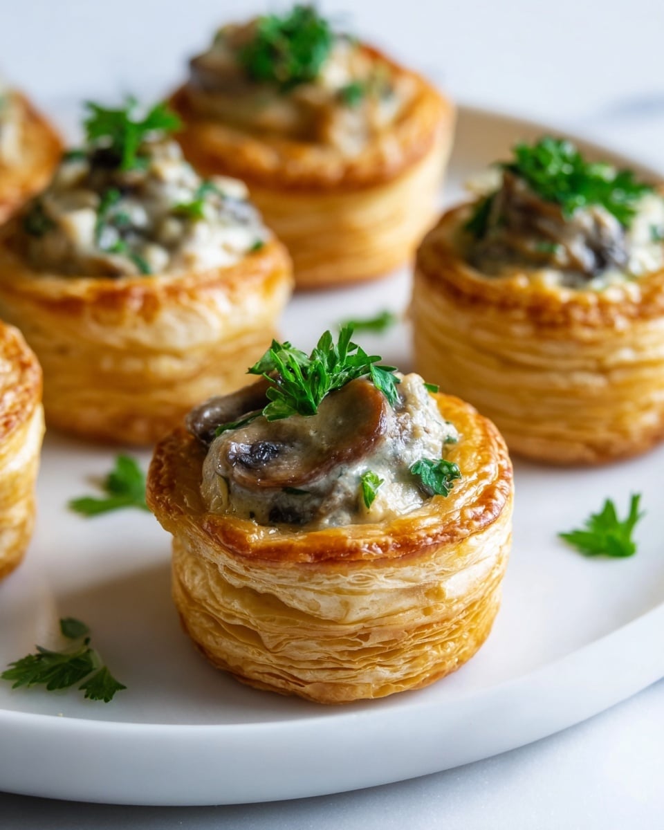 This image shows several round, golden-brown puff pastry shells, each with many visible flaky layers that create a light, crispy texture. Each shell is filled with a creamy mushroom mixture, which is light grey with bits of mushrooms and herbs, topped with bright green parsley leaves. The shells are arranged on a white plate against a white marbled background, and the focus is sharp on the front pastry, with the others softly blurred behind it. photo taken with an iphone --ar 4:5 --v 7