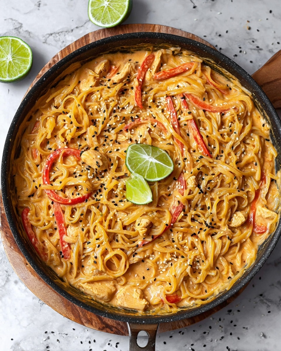 A round pan filled with creamy noodles mixed with thin slices of cooked chicken, long strips of red bell peppers, and onions, all coated in an orange-tinted sauce. Two bright green lime wedges sit on top of the noodles near the edge of the pan. The noodles are tangled and soaked in the smooth sauce with black and white sesame seeds sprinkled lightly throughout. The pan rests on a piece of wood over a white marbled surface with scattered sesame seeds and lime wedges nearby. photo taken with an iphone --ar 4:5 --v 7