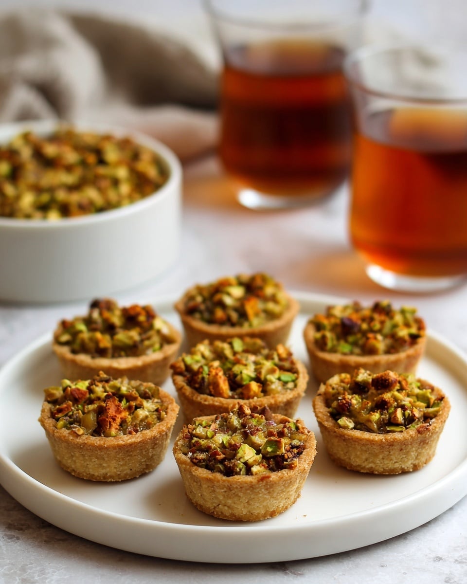 A white round plate holds eight small tartlets arranged in two rows. Each tartlet has a golden-brown crust forming the base and sides, with a chunky topping of chopped nuts showing shades of green, brown, and orange, giving a rustic texture. In the background, a white bowl contains more of the nut mixture, slightly blurred, along with two clear glasses filled with amber-colored tea. The setup is on a white marbled surface with a soft light that highlights the warm tones of the tartlets and tea. photo taken with an iphone --ar 4:5 --v 7
