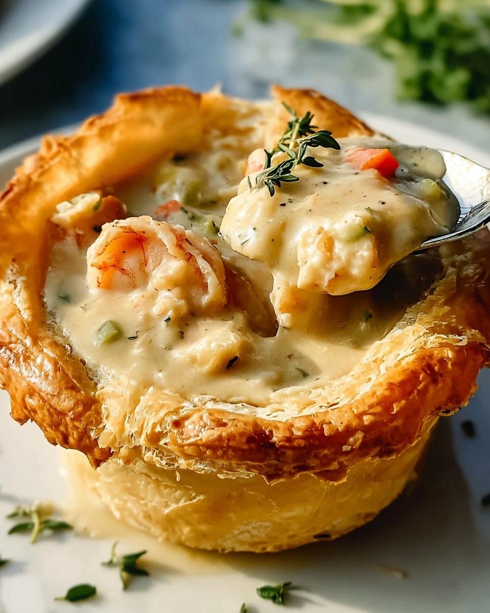 A golden, flaky pastry bowl sits on a white plate with a white marbled texture beneath, filled with creamy, thick seafood chowder; the chowder is pale beige with visible chunks of tender white seafood, small orange shrimp, and bits of green herbs. A spoonful of the chowder is lifted towards the camera, showing the smooth, hearty texture and topped with a small sprig of thyme. The crust of the pastry bowl is crispy and slightly browned, standing out against the creamy filling inside, with a blurred green garnish in the background. Photo taken with an iphone --ar 4:5 --v 7