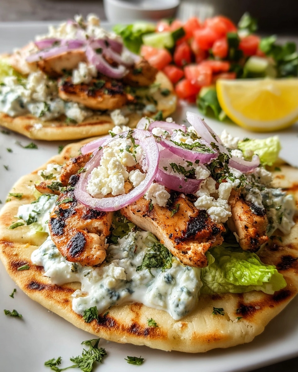 The dish shows two flat pieces of golden brown grilled flatbread on a white plate with a white marbled texture background. Each flatbread has a layer of light green lettuce on the bottom, topped with a thick spread of creamy white sauce mixed with herbs, followed by pieces of well-seasoned grilled chicken with char marks. On top of the chicken, there are crumbles of white cheese, thin slices of purple-red onion, and a sprinkling of fresh chopped green herbs. In the background, there is a small fresh salad of chopped tomatoes and more cheese, along with a yellow lemon wedge on the side. photo taken with an iphone --ar 4:5 --v 7