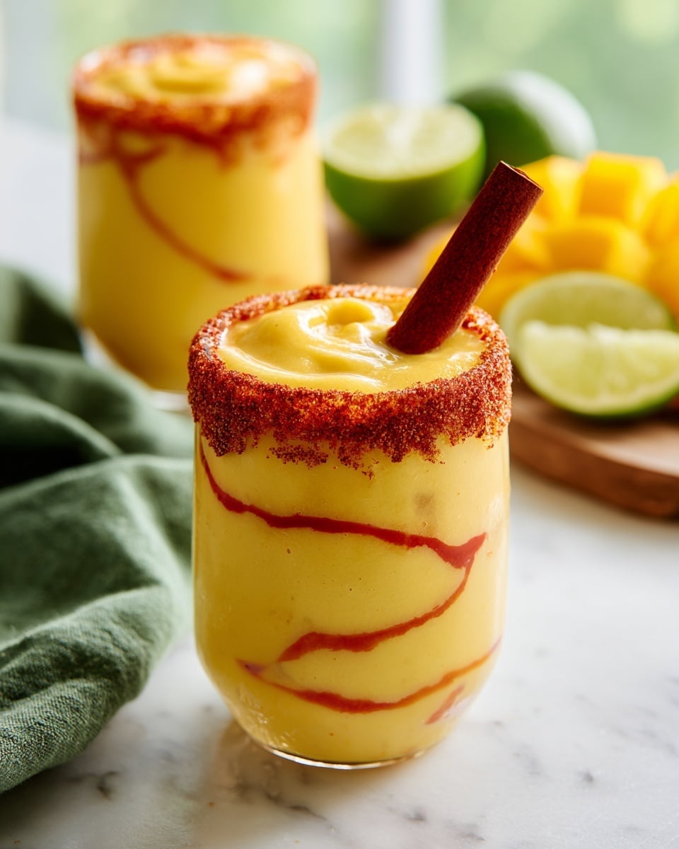 A clear glass filled with a creamy yellow mango smoothie showing swirls of red chili sauce inside and a thick layer of frothy mango puree on top. The rim of the glass is coated with a coarse, reddish-brown chili powder, and a reddish-brown chili stick is placed upright in the center of the drink. Behind the glass, there is a second similar glass slightly out of focus. The glasses are on a white marbled table, accompanied by a green cloth and cut pieces of fresh mango and lime in the background. photo taken with an iphone --ar 4:5 --v 7