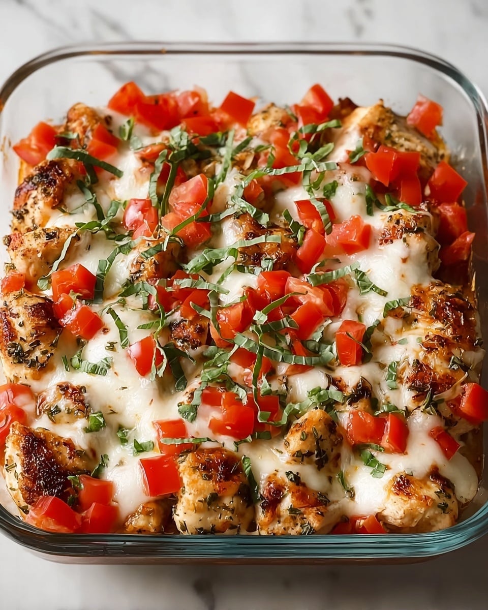 This image shows a baked dish in a clear glass container filled with several layers. The bottom layer is made of grilled chicken pieces that are golden brown with visible herbs and spices on them. On top of the chicken, there are evenly spread chunks of fresh red tomatoes. The next layer is melted white cheese, which is gooey and covers both the chicken and tomatoes. Finally, thin strips of green basil leaves are scattered on top, adding a fresh and colorful touch. The container sits on a white marbled surface. photo taken with an iphone --ar 4:5 --v 7