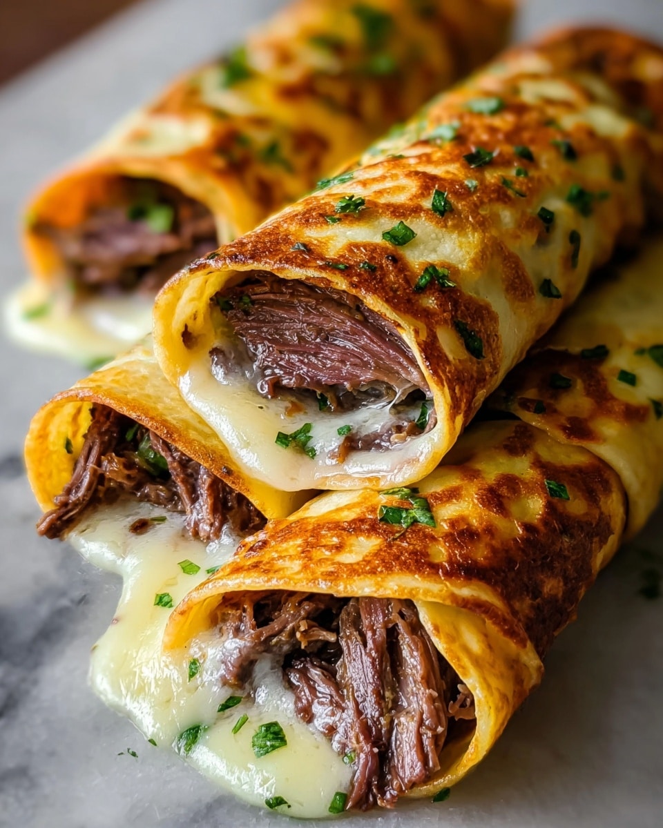 The image shows three rolled crepes stacked closely on a white marbled surface, each filled with shredded dark brown meat mixed with melted white and orange cheese. The crepes are golden brown with slightly crispy edges and topped with small pieces of chopped green herbs. The texture of the meat looks tender and juicy, while the cheese inside appears creamy and gooey, slowly melting into the crepes. The layers include the soft crepe on the outside, a rich filling of meat and cheese in the middle, and fresh herbs sprinkled on top, creating a warm, tasty look. photo taken with an iphone --ar 4:5 --v 7
