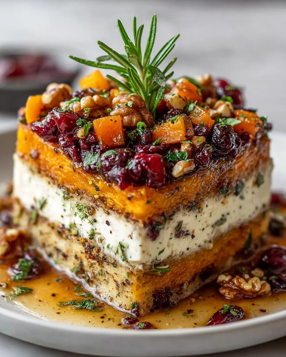 The dish is a baked vegetable tart in a rectangular beige baking dish. It has several layers of thinly sliced beets and squash, arranged in a vertical pattern with alternating colors of deep purple, bright orange, and yellow. The top layer is scattered with crumbled white cheese, whole pecans, and small green herb leaves. The vegetables look soft and slightly caramelized, with a textured, slightly roasted surface. The dish is on a white marbled texture with whole pecans nearby, and there is a wooden bowl with red sauce and a spoon in the background. photo taken with an iphone --ar 4:5 --v 7