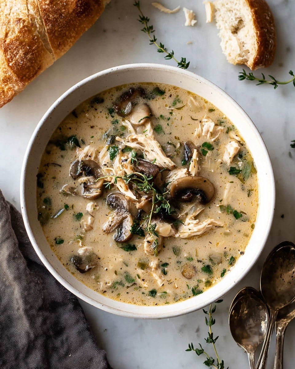A white bowl filled with creamy mushroom and chicken soup, showing a smooth, light beige liquid base mixed with finely chopped green herbs. The soup’s surface features sliced brown mushrooms and shredded white chicken scattered evenly. A small sprig of thyme sits on top in the center. The bowl rests on a white marbled background with a piece of crusty golden brown bread placed nearby and two vintage silver spoons partially visible beside the bowl on a neutral-colored cloth. photo taken with an iphone --ar 4:5 --v 7