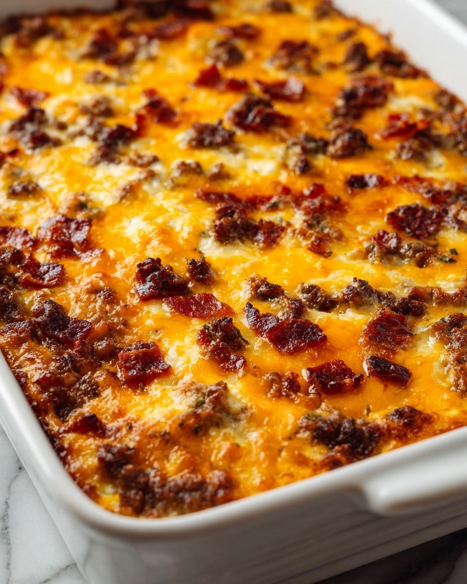 A close-up of a baked casserole in a white rectangular dish, showing a golden melted cheese layer on top with melted cheddar and mozzarella having a bubbly and slightly browned texture. Scattered over the cheese are small chunks of dark brown cooked ground meat and reddish-brown crispy bacon pieces, giving a textured and savory look. The dish sits on a white marbled surface with no other items visible, focusing entirely on the rich, layered casserole. photo taken with an iphone --ar 4:5 --v 7