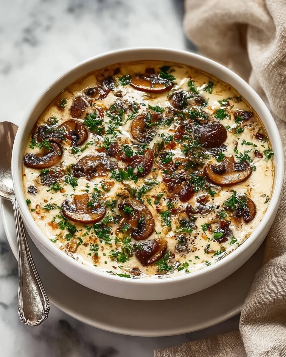 The image shows a round white bowl filled with a creamy dish topped with browned, sliced mushrooms and chopped green herbs spread evenly across the surface. The creamy base is light beige with a smooth texture, visible beneath the mushrooms and herbs. The bowl is placed on a white marbled surface, next to a silver spoon on the right side, and a light beige cloth partially visible in the background. The lighting highlights the creamy richness and the slightly glossy mushrooms, giving the dish a warm, inviting look. Photo taken with an iphone --ar 4:5 --v 7