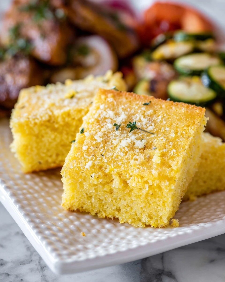 The image shows two square pieces of soft yellow cornbread with a crumbly light topping on a white plate with textured edges. The cornbread pieces have a slightly rough surface and a dense, moist texture. Behind them, there are some roasted vegetables and a piece of meat with a brown, grilled look, giving a mix of colors like green, red, and beige in the background. The surface beneath the plate is white with a marbled pattern. Photo taken with an iphone --ar 4:5 --v 7