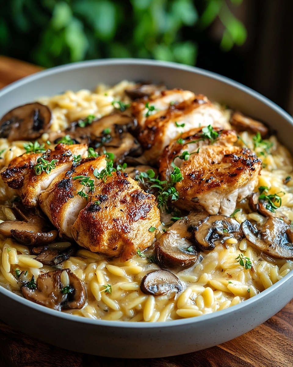 A white bowl filled with a creamy orzo pasta base that is light yellow in color and has a smooth texture, scattered with sautéed brown mushrooms that look tender and slightly glossy. On top, there are four pieces of golden-brown seared chicken with a crispy outside and a juicy inside. Small green herb leaves are sprinkled over the dish, adding touch of fresh color. The bowl is placed on a wooden surface with a blurred green plant in the background. Photo taken with an iphone --ar 4:5 --v 7
