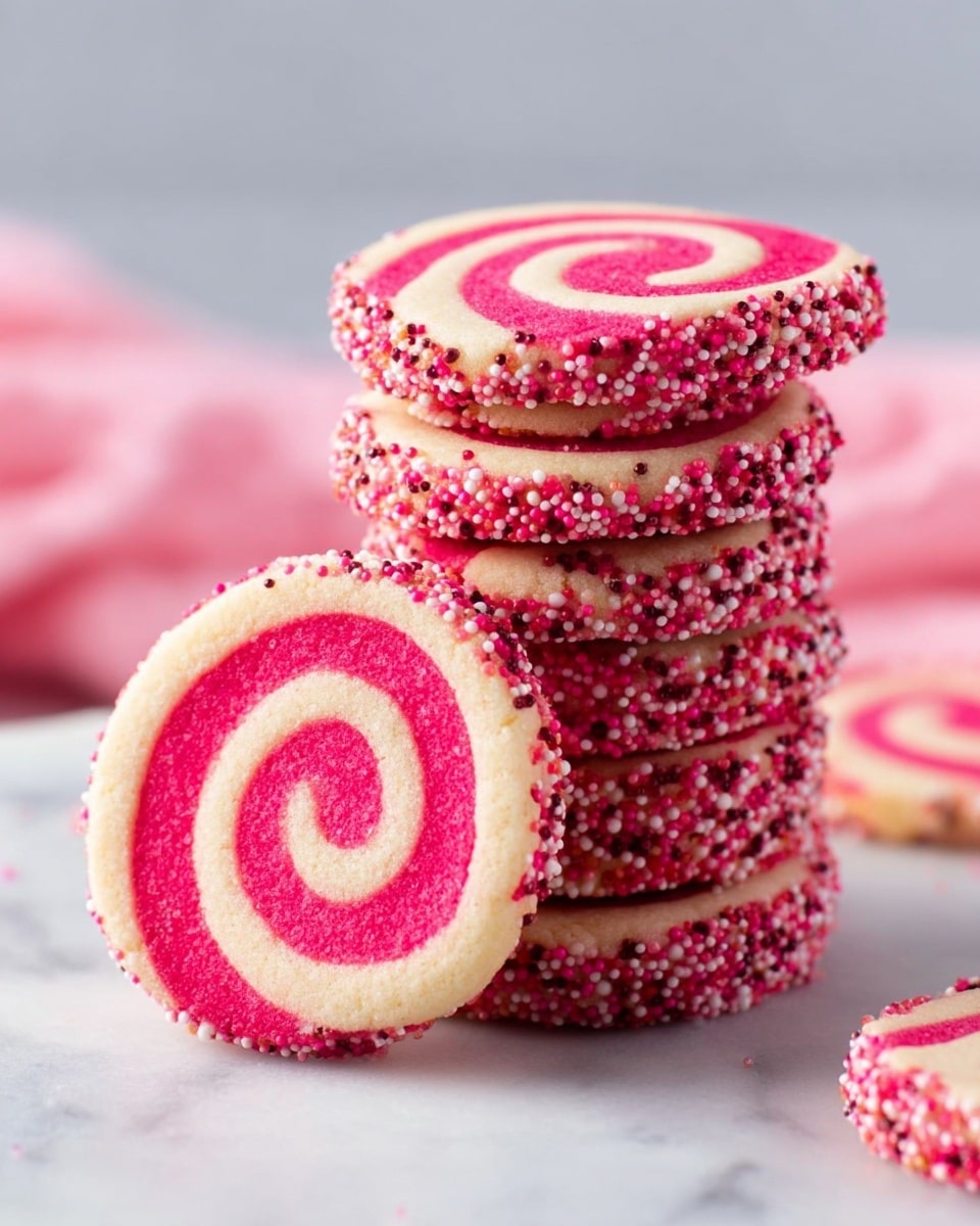 A stack of round swirl cookies with bright pink and white layers, each cookie showing a spiral pattern of light pink and white dough. The edges of the cookies are coated with small round sprinkles in shades of pink and white, giving a slightly rough texture around the smooth spiral surface. The cookies are stacked neatly on a white marbled surface, with one cookie leaning against the stack to show the swirl design clearly. photo taken with an iphone --ar 4:5 --v 7