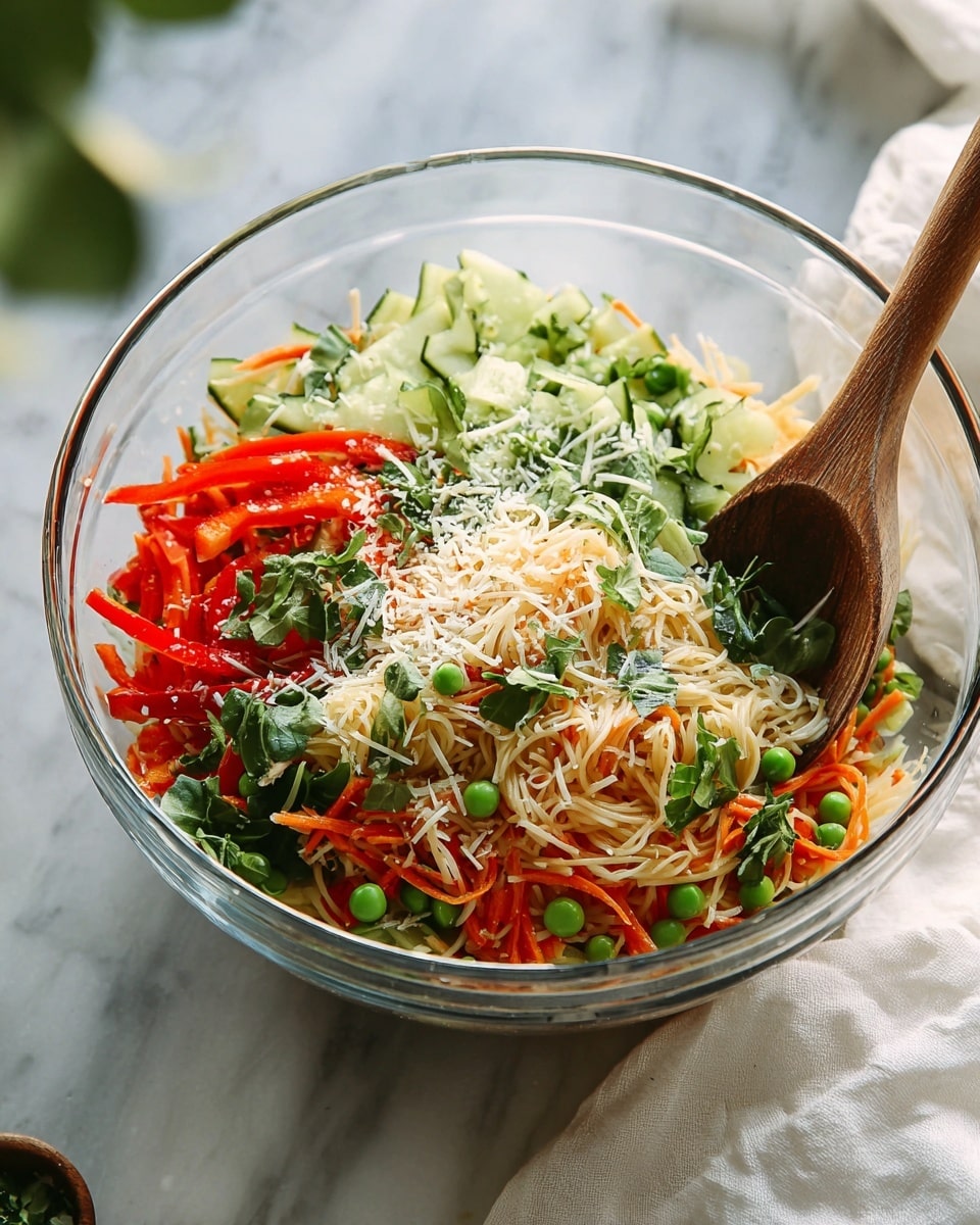 A clear glass bowl sits on a white marbled surface with a wooden spoon inside it, holding a colorful salad of many layers. The bottom layer is thin light-colored noodles mixed with shredded orange carrots and leafy light green lettuce. Above this, there are bright green peas and slices of cucumber with pale green skin, along with long thin strips of vivid red bell pepper and chopped green herbs. The salad is topped with a sprinkling of white grated cheese and some crushed nuts or breadcrumbs, adding texture and contrast. In the background, some green leafy veggies blur softly, enhancing the fresh look. Photo taken with an iphone --ar 4:5 --v 7