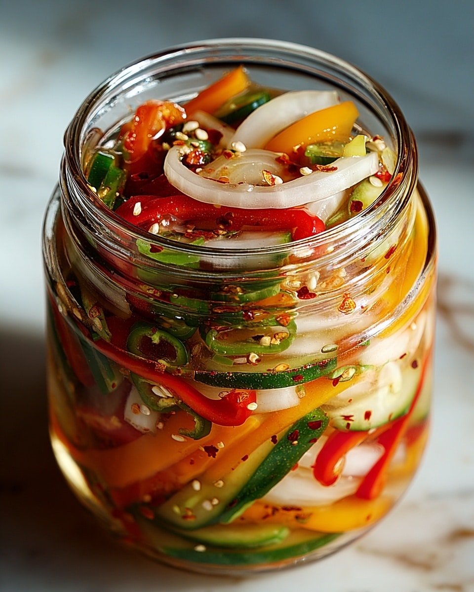 A clear glass jar filled with layers of colorful pickled vegetables including thin white onion slices, bright red and orange bell peppers, green cucumber slices, and small pieces of green chili, all mixed with visible seeds and small red chili flakes. The vegetables are glossy and packed tightly, creating a vibrant mix of green, red, orange, and white colors that contrast with the transparent jar. The jar sits on a white marbled surface, with soft natural light highlighting the textures and colors of the pickles inside. photo taken with an iphone --ar 4:5 --v 7
