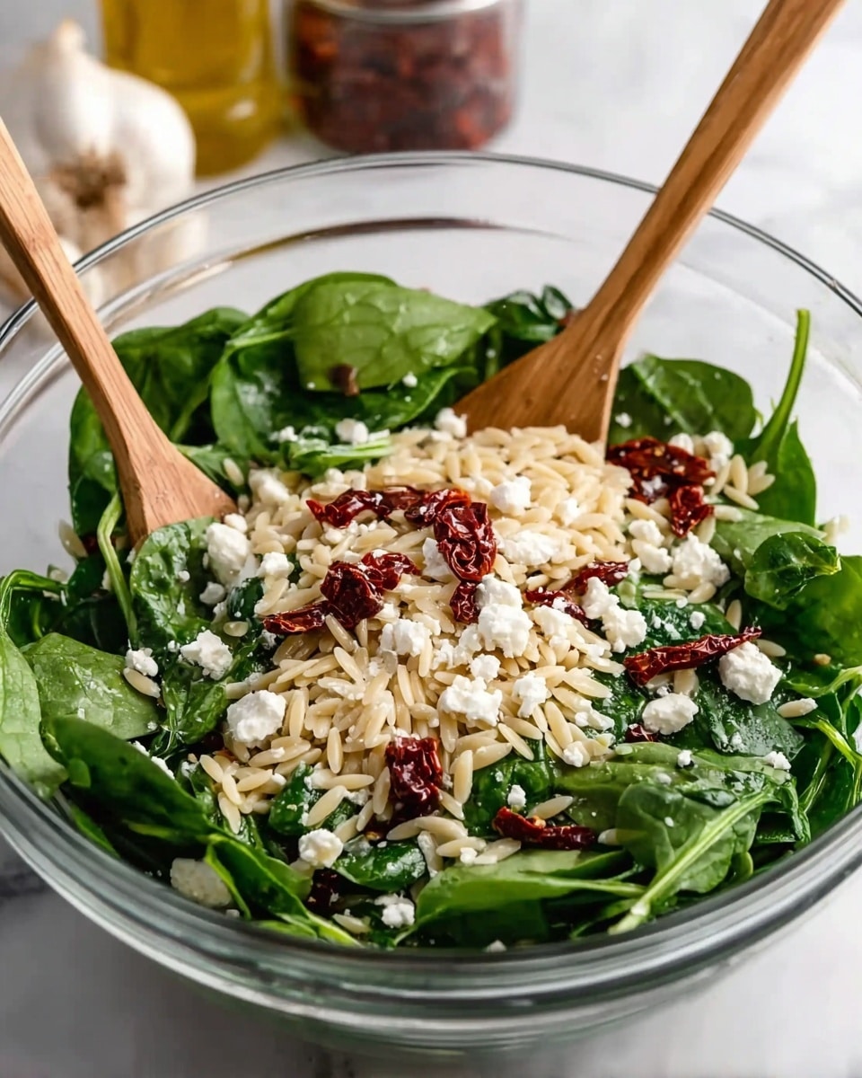 A clear glass bowl holds a fresh salad with three main layers: bright green fresh spinach leaves at the bottom, small tan orzo pasta scattered evenly on top, and small white crumbles of cheese dotted throughout. Sun-dried tomato pieces add deep red pops of color, spread across the salad. Two wooden salad tongs rest inside the bowl, mixing the ingredients. The bowl is placed on a white marbled surface with garlic and jars blurred in the background. Photo taken with an iphone --ar 4:5 --v 7