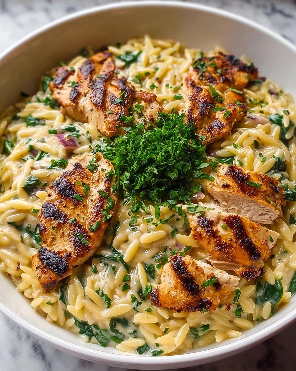 A white bowl filled with a creamy orzo pasta dish showing small, golden yellow pasta shaped like rice grains soaked in a light cream sauce with bits of green spinach mixed in. On top, there are four pieces of browned, grilled chicken placed equally around the edge of the pasta, each with grill marks and sprinkled with green herbs. In the center of the dish, a small heap of chopped green parsley adds a fresh pop of color. The bowl sits on a white marbled surface, with soft natural light highlighting the textures and colors. photo taken with an iphone --ar 4:5 --v 7