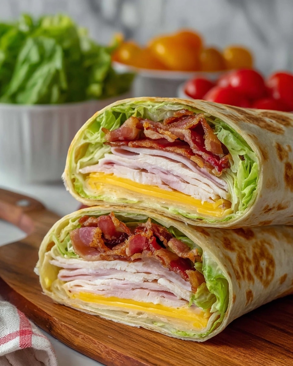 Two large halves of a wrap sandwich are stacked on a wooden board, with the top half tilted to show the inside layers clearly. The wrap is made from a light golden, slightly grilled flatbread. Inside, layers from the bottom up include a smooth layer of melted yellow cheese, thin slices of white turkey meat, crispy reddish-brown bacon strips, and fresh bright green lettuce on top. The background shows a white marbled texture with slightly blurred bowls of cherry tomatoes and leafy greens. Photo taken with an iphone --ar 4:5 --v 7