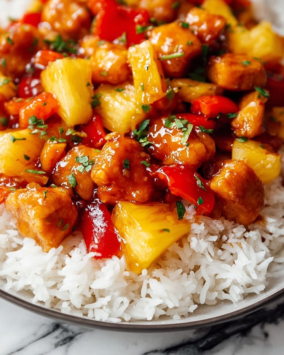 The image shows a close-up of a dish with white rice at the bottom layer, topped with chunks of golden-brown glazed chicken pieces mixed with bright yellow pineapple cubes and red bell pepper pieces. Small green herbs are sprinkled throughout, adding a fresh contrast. The sauce covering the chicken and vegetables looks shiny and thick, giving a rich texture to the dish. The whole arrangement is on a surface with a white marbled texture. photo taken with an iphone --ar 4:5 --v 7