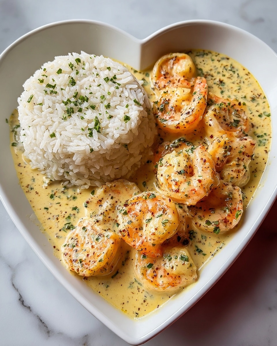 A heart-shaped white plate holds a dish with two main parts: on the left, a neat mound of fluffy white rice sprinkled with small green herb pieces, and on the right, several peeled shrimp coated in a creamy, light yellow sauce with visible specks of black pepper and finely chopped green herbs. The shrimp are arranged in a slightly overlapping pattern, sitting in the sauce that pools around them. The plate is set on a white marbled surface. photo taken with an iphone --ar 4:5 --v 7