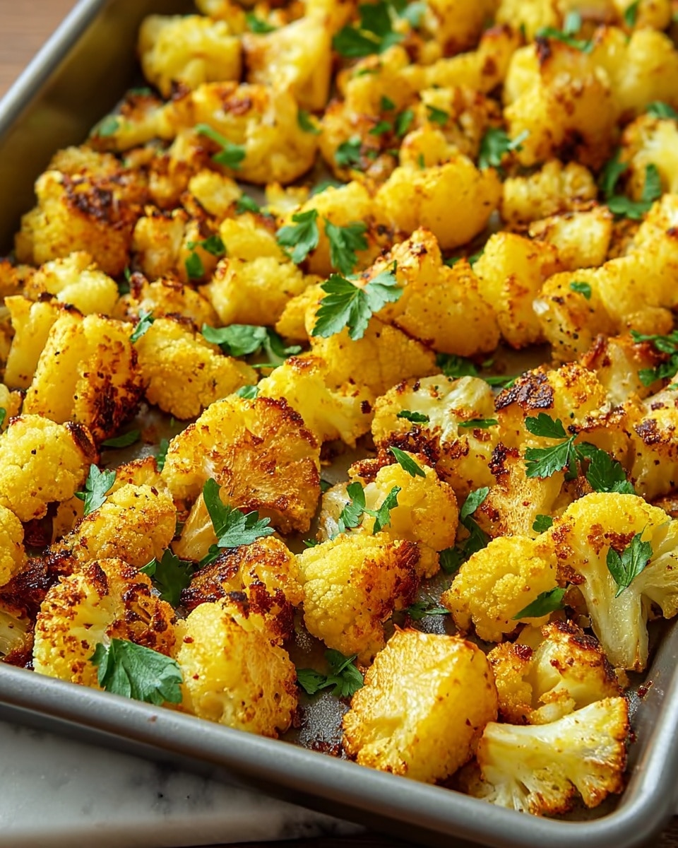 The image shows a close-up view of roasted cauliflower pieces spread evenly in a rectangular tray. Each cauliflower chunk is bright yellow with a crispy, browned outer layer from roasting, giving it a textured and slightly charred look. Small green parsley leaves are scattered on top, adding a fresh contrast to the golden-yellow cauliflower. The tray sits on a white marbled surface, which brightens the overall presentation. photo taken with an iphone --ar 4:5 --v 7