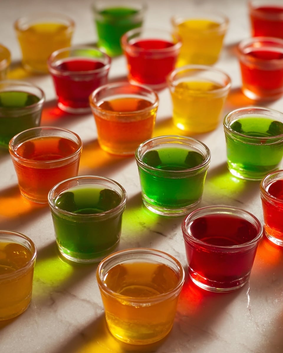The image shows several small clear plastic cups filled with jelly-like desserts in different colors. The jellies have smooth, shiny surfaces and slightly translucent textures. The cups are filled with varying shades including deep red, vibrant orange, light yellow, and amber. Some jellies have small ice-like chunks or bubbles inside, giving a refreshing look. All cups are arranged closely together on a white marbled texture that softly reflects light, highlighting the glossy and clear nature of the jelly layers. photo taken with an iphone --ar 4:5 --v 7