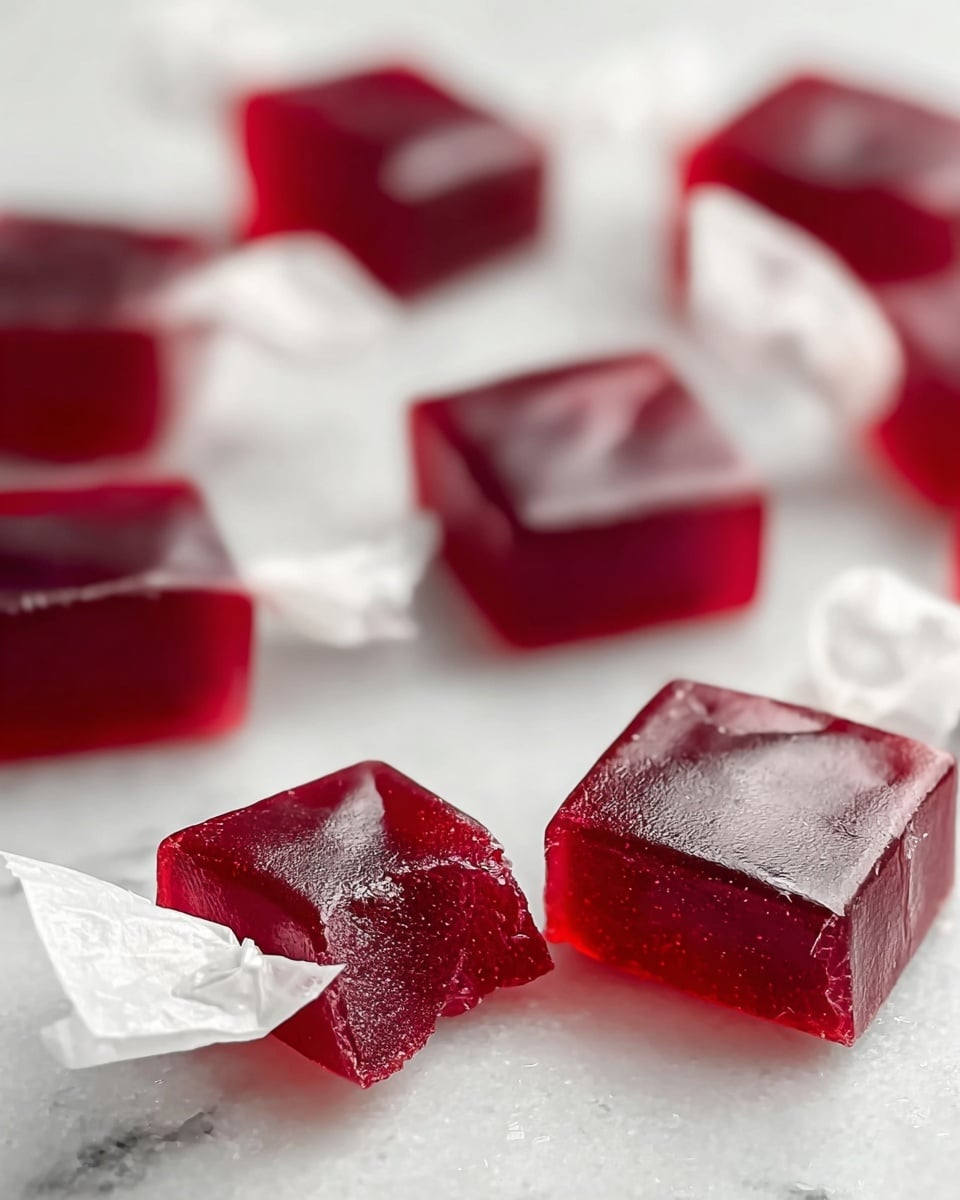 The image shows several deep red, square-shaped gummy candies placed on a white marbled surface. Each gummy has a shiny, smooth outer texture with a slightly translucent look. Some of the gummies are wrapped partially in white wax paper on the ends, twisted like small candy wrappers. One gummy in the front has a bite taken out of it, revealing a soft, chewy inside with a dense texture matching the outer color. The candies are arranged in a scattered pattern with a shallow depth of field, keeping the front gummy in sharp focus while the others blur softly in the background. photo taken with an iphone --ar 4:5 --v 7