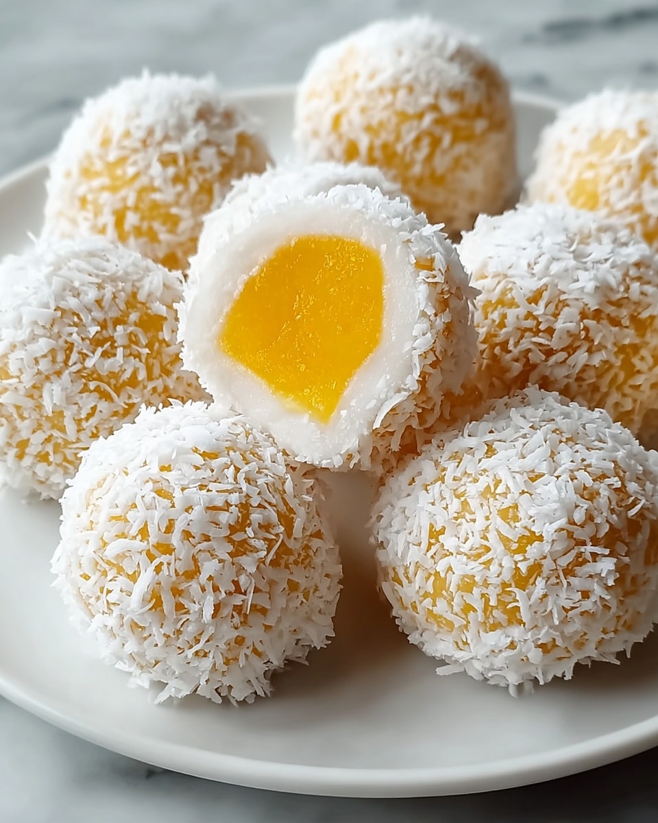 The image shows a white plate filled with eight round coconut balls, each covered in white shredded coconut flakes. Two of the coconut balls are cut open, revealing a smooth, bright yellow filling inside, creating a clear contrast with the white outer layer. The texture of the outer layer looks slightly rough due to the coconut flakes, while the filling appears soft and moist. The plate sits on a white marbled surface that adds an elegant background to the dish. photo taken with an iphone --ar 4:5 --v 7