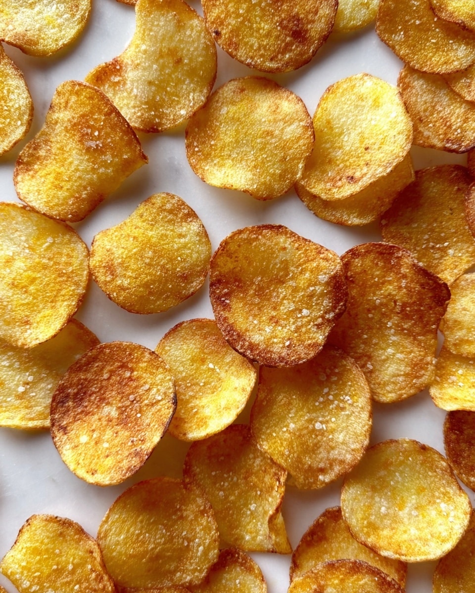 The image shows many thin, round potato chips spread out on a white marbled surface. Each chip has a crispy texture with golden yellow and light brown colors, with some edges having a darker brown shade. The chips vary slightly in size and shape, with some having small bubbles and tiny salt grains visible on their surface, highlighting their crispiness. photo taken with an iphone --ar 4:5 --v 7