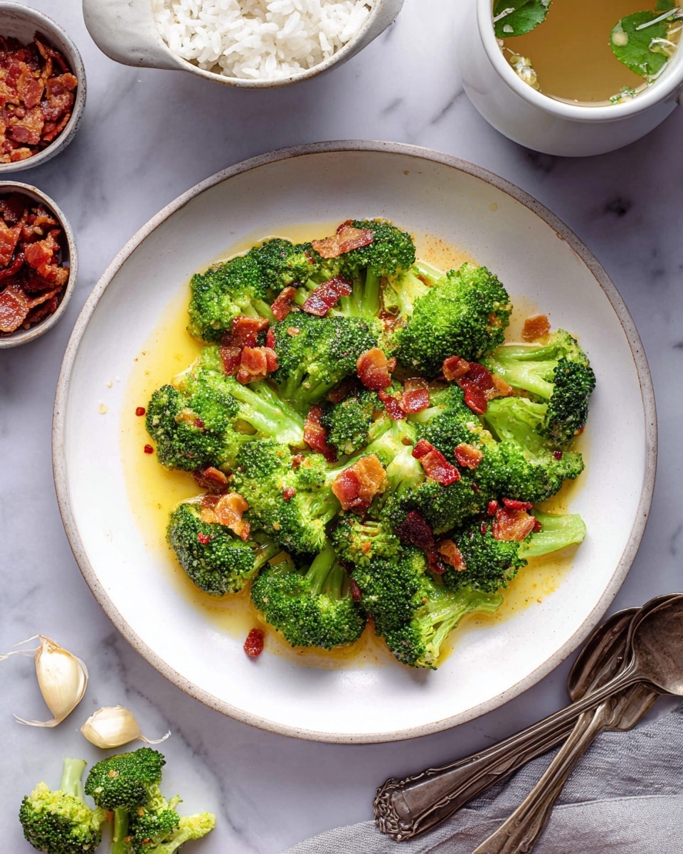 A white plate holds a dish with one main layer of bright green broccoli florets topped with small pieces of crispy reddish-brown bacon. The broccoli appears cooked with a slight shine from a light yellow-orange sauce pooling at the bottom. Around the plate, there are some garlic cloves and extra small broccoli pieces on a white marbled surface. Nearby, a white cup with light-colored broth containing a green leaf is visible, along with a smaller bowl of bacon bits and a white bowl of plain white rice. Two old silver forks rest beside the plate. Photo taken with an iphone --ar 4:5 --v 7