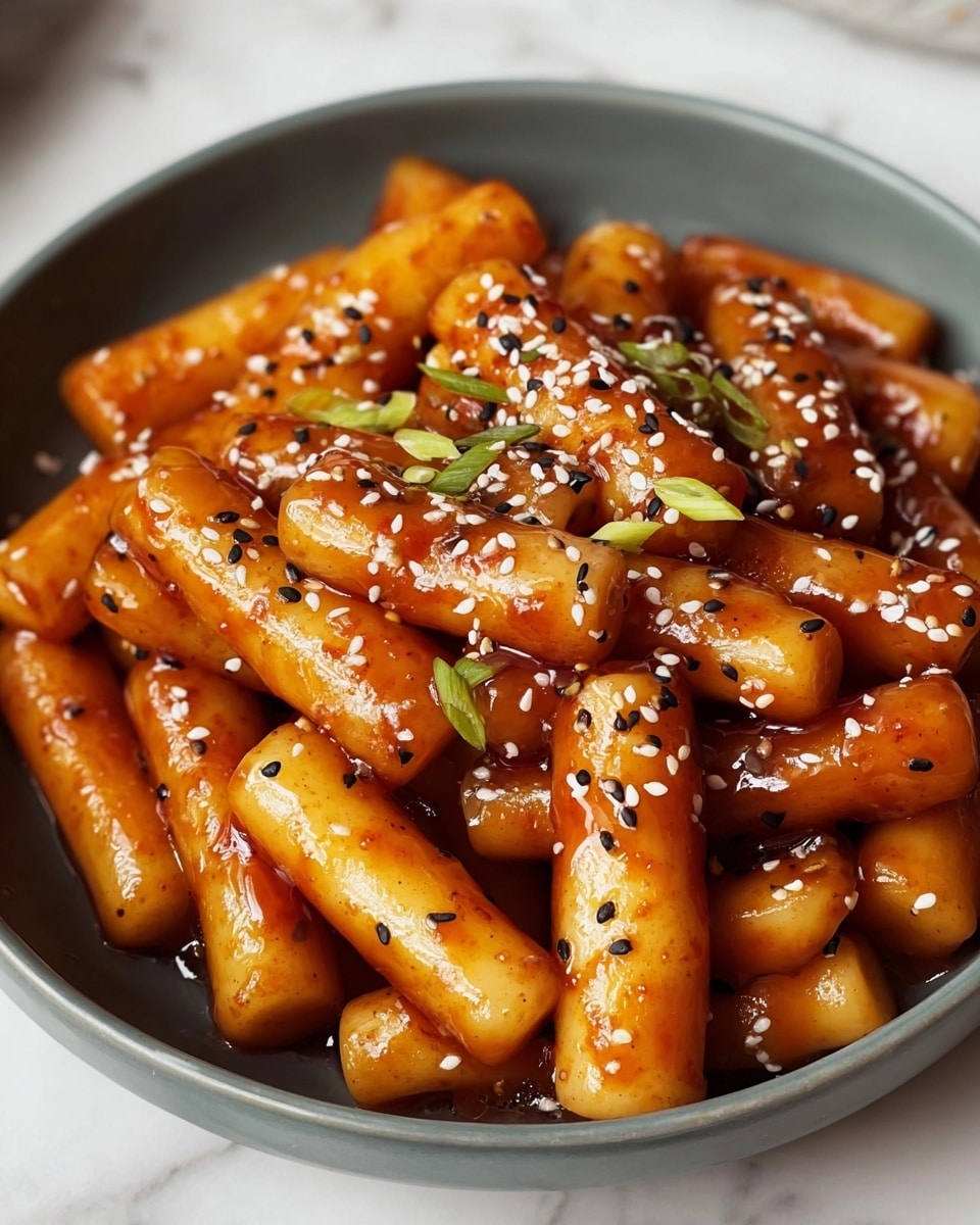 This image shows a close-up of a bowl filled with Korean rice cakes coated in a shiny, reddish-brown sauce. The rice cakes are long, cylindrical, and smooth, stacked loosely in layers inside a gray bowl. The top layer is sprinkled with small white and black sesame seeds, along with tiny green onion pieces that add a touch of color contrast. The glossy sauce covers the rice cakes evenly, giving them a slightly sticky look. The bowl sits on a white marbled surface that adds a clean and bright background to the rich colors of the dish. photo taken with an iphone --ar 4:5 --v 7