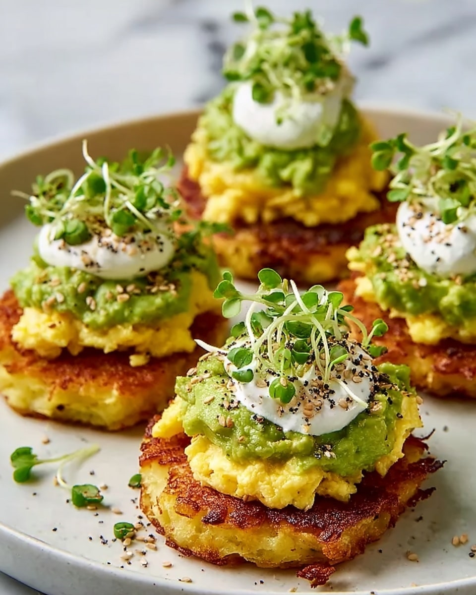 The image shows four small round potato pancakes with a crispy golden-brown texture on the bottom layer, topped with a green mashed avocado layer, followed by a fluffy yellow scrambled egg layer. On top of the eggs, there is a small dollop of white sour cream sprinkled with black pepper and sesame seeds. Finally, each stack is garnished with green chopped chives and some small fresh green sprouts. All four are neatly arranged on a large white plate, placed on a white marbled surface. photo taken with an iphone --ar 4:5 --v 7
