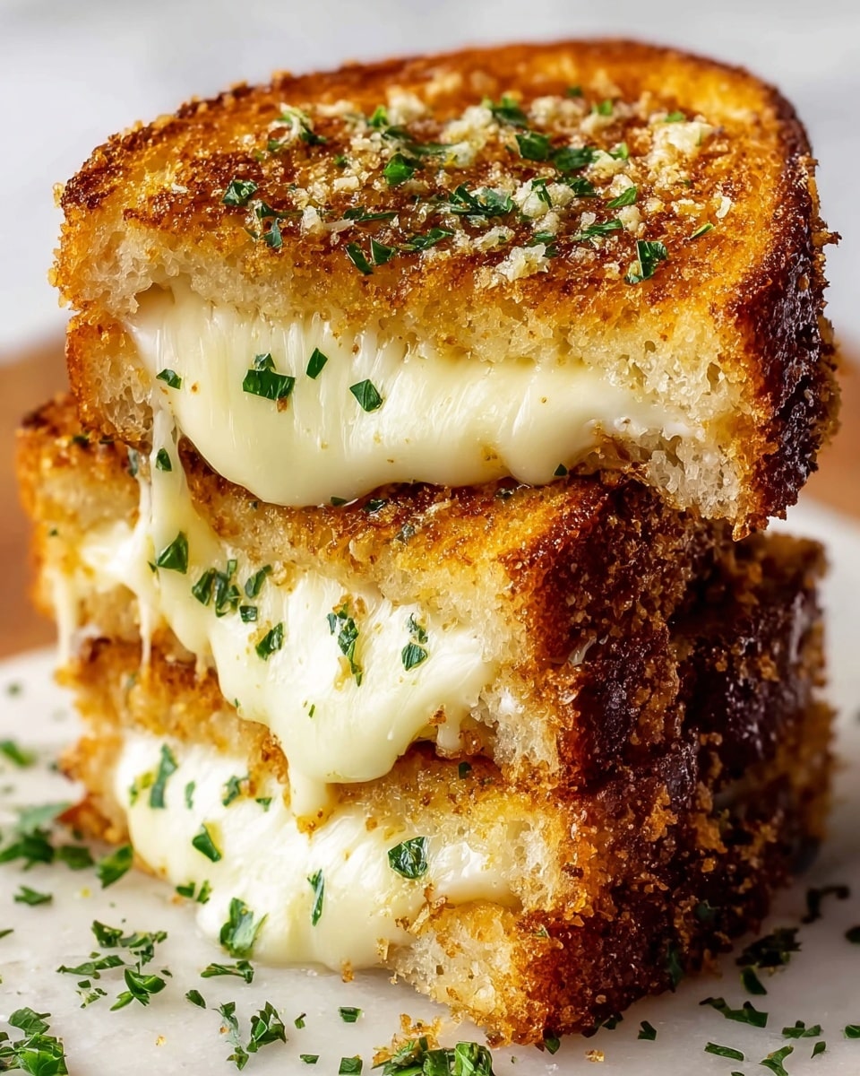 A close-up of a stacked grilled cheese sandwich with three layers of thick, golden-brown toasted bread that is crispy and crunchy, each layer showing melted, gooey white cheese oozing out between the slices. The top piece of bread has a coarse, crunchy texture with small green herb flakes sprinkled on it, adding color contrast. The sandwich rests on a white marbled surface with small green herb bits scattered around, enhancing the fresh look. photo taken with an iphone --ar 4:5 --v 7