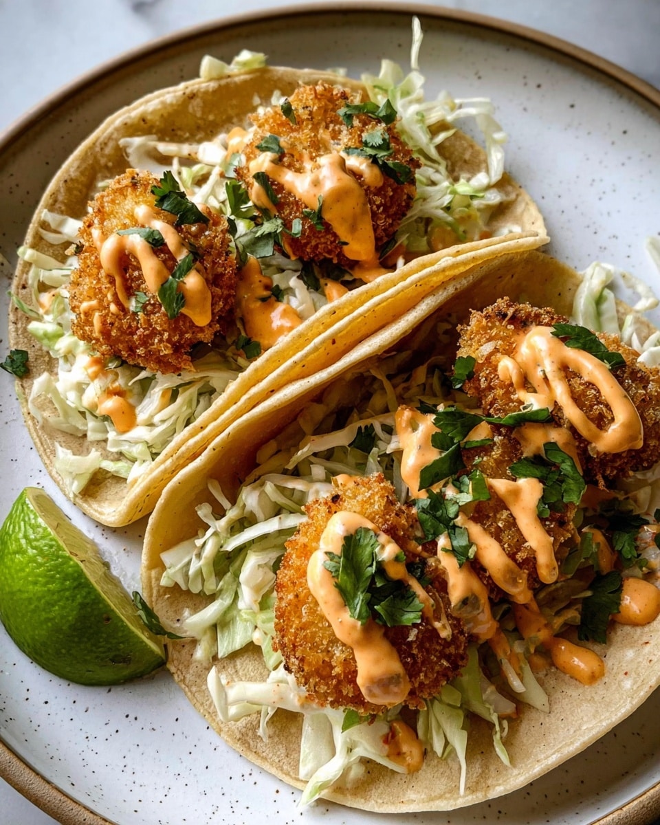 Two tacos sit side by side on a white plate with a speckled finish, placed on a white marbled surface. Each taco has a soft, lightly toasted corn tortilla folded to hold layers inside. The base layer is a bed of finely shredded pale green cabbage with a slightly crisp texture. On top are three golden-brown, crispy fried shrimp per taco, each coated with a crunchy crumb crust. The shrimp are drizzled with a creamy orange sauce that has a smooth, slightly thick texture, and they are sprinkled with chopped fresh dark green cilantro leaves. A wedge of bright green lime rests at the plate's edge next to the nearest taco. The photo taken with an iphone --ar 4:5 --v 7
