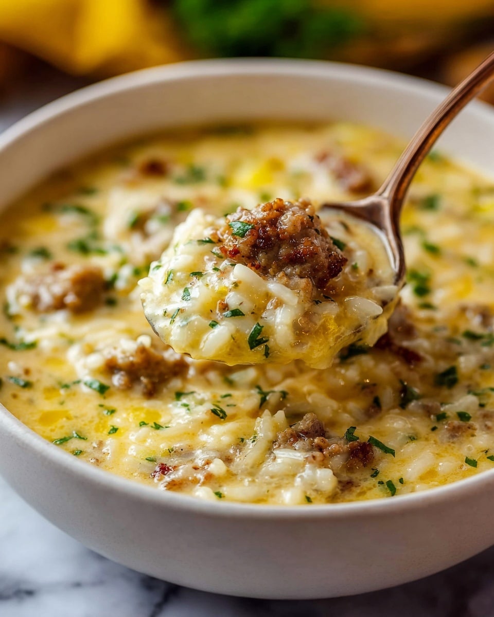 A wooden bowl filled with a creamy rice dish that has visible chunks of browned sausage mixed throughout the white rice. The creamy base is light yellow with a smooth texture. On top, there are bright yellow banana pepper rings arranged in the center, sprinkled with flecks of red chili flakes and chopped fresh green parsley. The bowl is set on a folded yellow cloth on a white marbled surface, with a sprig of fresh parsley nearby. photo taken with an iphone --ar 4:5 --v 7
