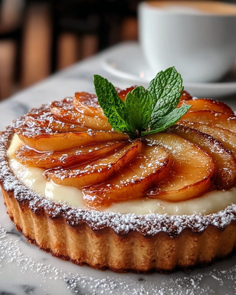 A round tart with a golden brown crust forming the base, topped with a creamy white layer of custard filling. On top of the custard, there are caramelized apple slices arranged in a circular pattern, glazed with a shiny syrup which adds a rich amber color and slightly burnt edges. The tart is dusted with powdered sugar around the edge, and in the center, there are fresh green mint leaves adding a pop of color. The tart sits on a white marbled surface with a blurred background and a white cup visible behind it. photo taken with an iphone --ar 4:5 --v 7